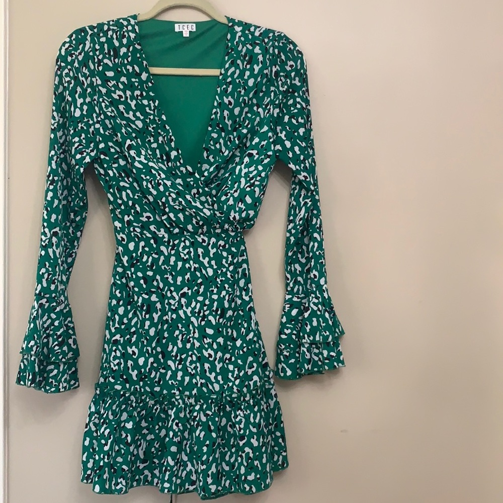Green print wrap dress